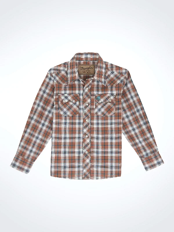 Boys' Retro Western Snap Plaid Shirt with Front Sawtooth Pockets - Brown Bark