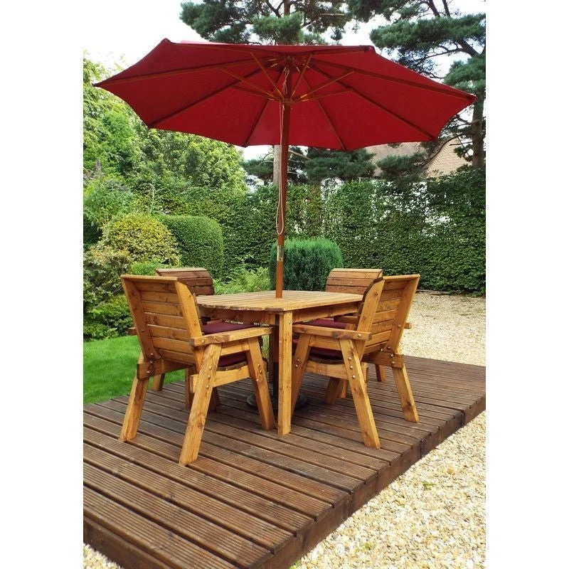 Scandinavian Redwood Garden Patio Dining Set by Charles Taylor - 4 Seats Burgundy Cushions