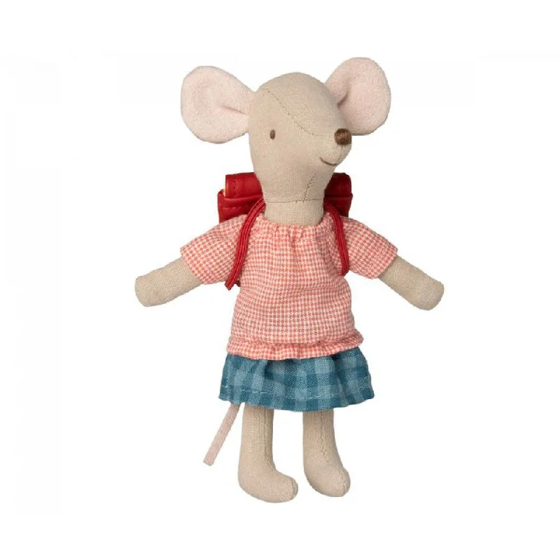 Maileg big sister tricycle mouse with bag, red