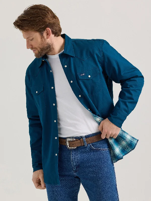 Men's Long Sleeve Flannel Lined Solid Work Shirt - Deep Teal