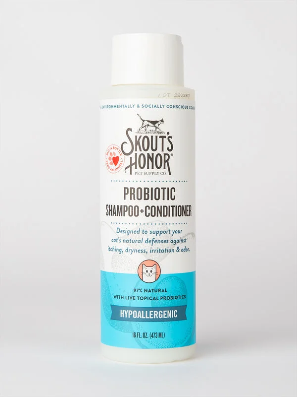 Pet shampoo: a shampoo specifically used to clean pet hair,Skout's Honor Cat Probiotic Shampoo + Conditioner Fragrance Free (16 oz)