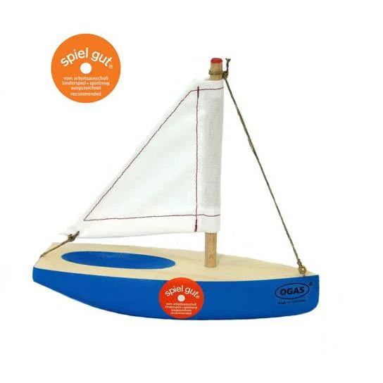 Ogas blue wooden sailboat