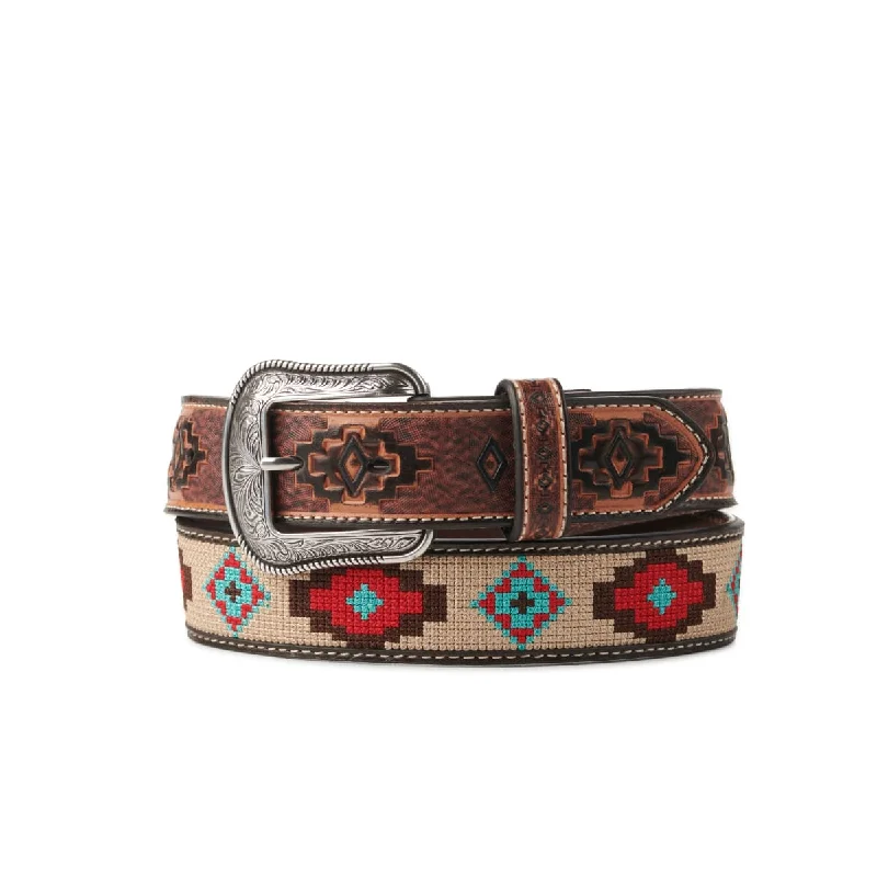 Mens Brown with Tan Aztec Stitch Leather Belt