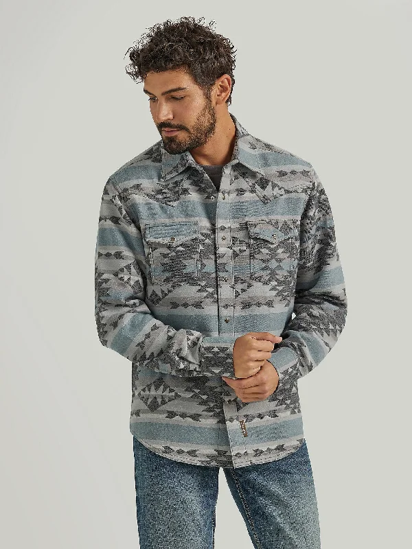 Men's Retro Premium Jacquard Snap Shirt Jacket - Blue Steel