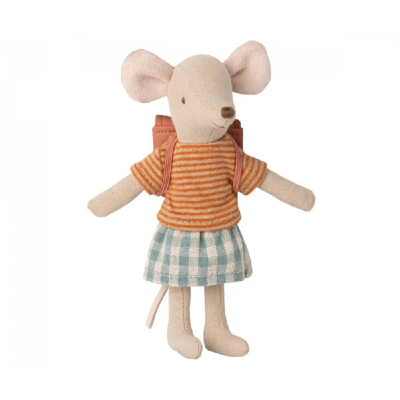 Maileg big sister tricycle mouse with bag - old rose