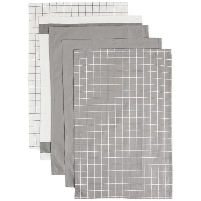 M&S Collection Set of 5 Printed Tea Towels One Size Mid Grey   5 per pack